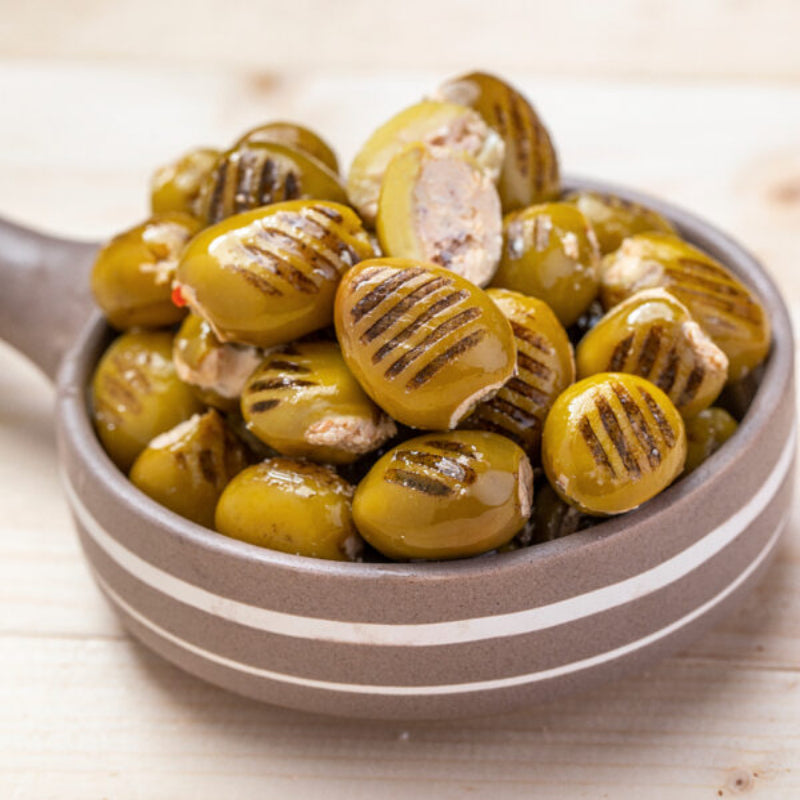 Grilled Olives Stuffed with Labneh and Walnuts